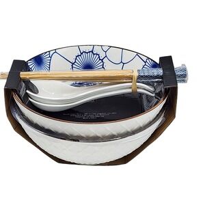 SH Home Ceramic Ramen Noodle Bowls Set of 2 Chopsticks Spoons Blue Lotus Floral